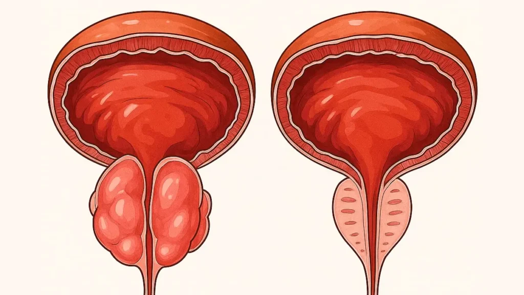 Medical-style illustration comparing swollen and healthy prostate, used to represent comfort and support.