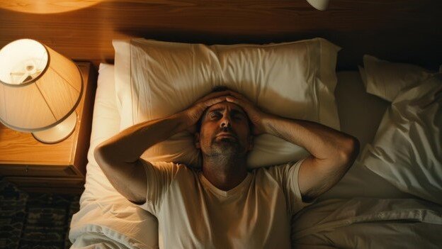 Man awake in bed at night, illustrating sleep disturbances common in men over 40.