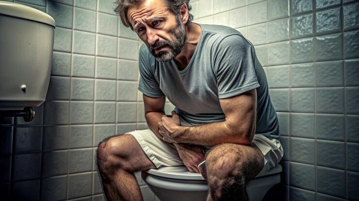 Middle-aged man sitting in a bathroom, representing frequent nighttime urination.