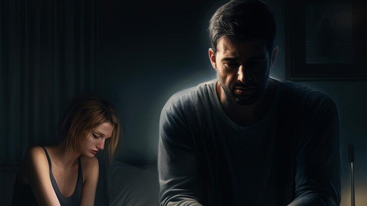 Man and woman sitting apart in bed, showing how sleep issues can affect emotional connection.